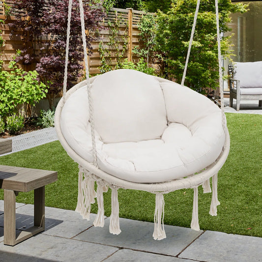 Macrame Hanging Hammock Chair with Tassels, Cotton Rope Mesh Swing Chair for Indoor Outdoor Garden